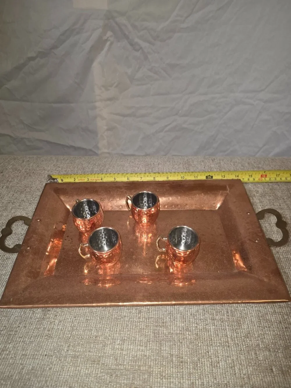 Home Essentials - hammered copper serving tray and 4 cups